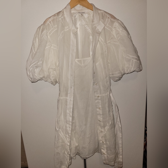 FRAME Lace Puff-Slv Ramie Shirt Dress Anthropologie Shopbop Revolve Saks Sz XS - Picture 13 of 16